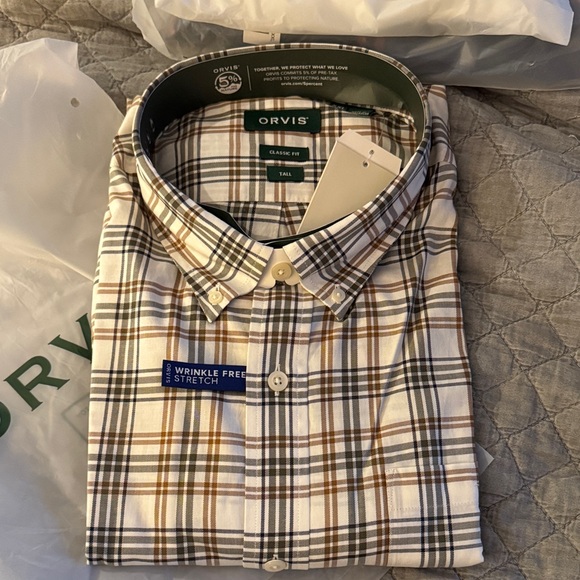 NWT - Orvis Men's Plaid Button Down Casual Shirt - Brown and White XXL Tall - Picture 1 of 5